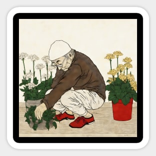 Asian painting. An elderly man plants flowers Sticker